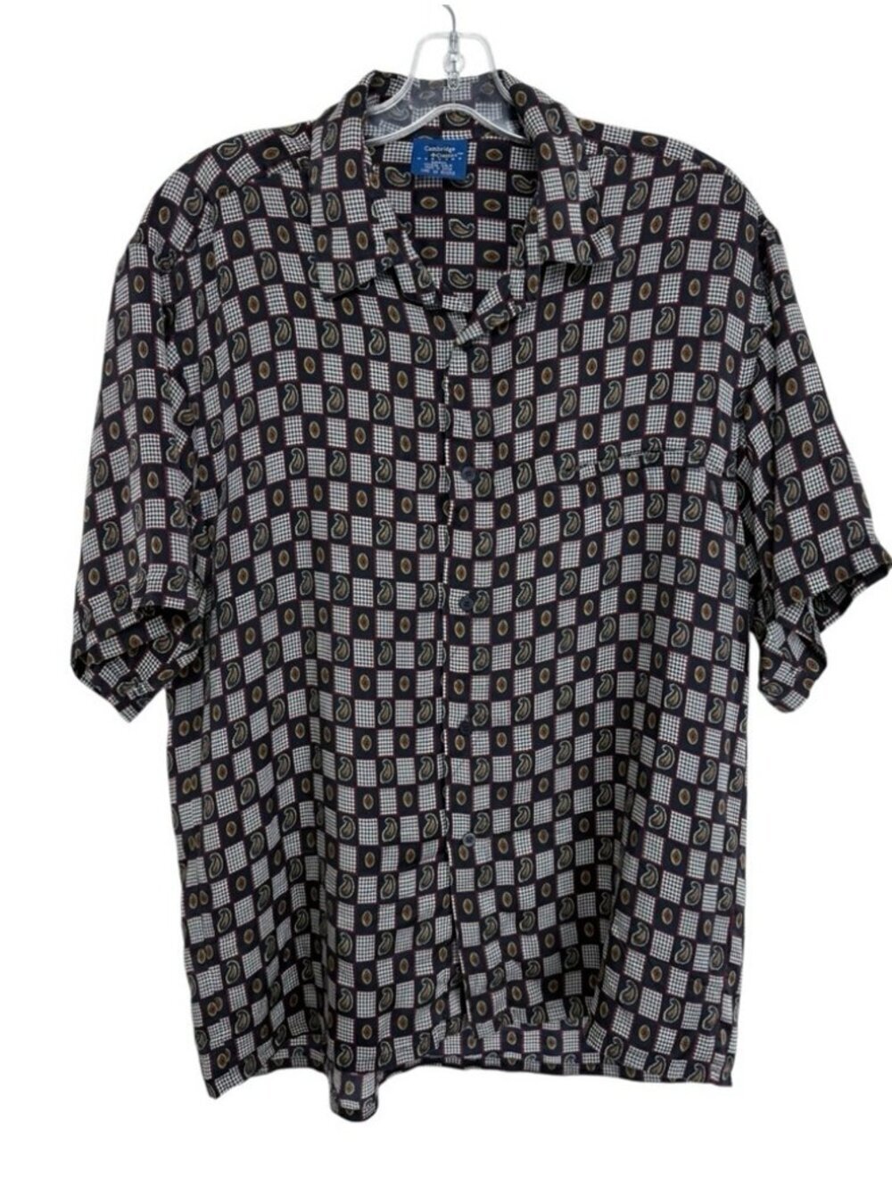 Vintage Silk Paisley Houndstooth Check Shirt Size Small Navy Blue 90s